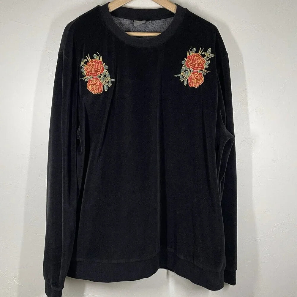 ASOS Long Sleeve 3X Velvet Sweatshirt Top Black Embroidered Lounge Boho